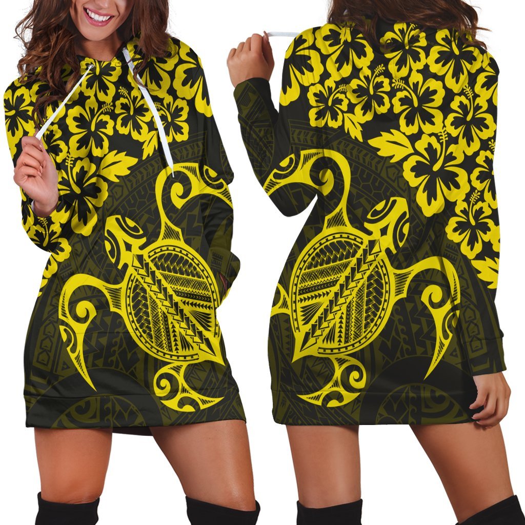 Hawaiian Map Turtle Hibiscus Kanaka Polynesian Hoodie Dress - Yellow - AH Black - Polynesian Pride