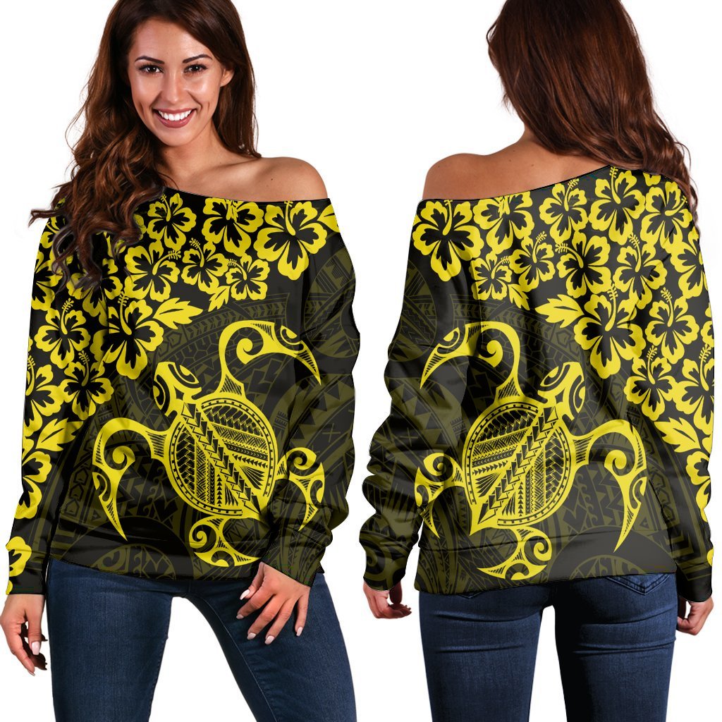 Hawaiian Map Turtle Hibiscus Kanaka Polynesian Women's Off Shoulder Sweater - Yellow - AH Black - Polynesian Pride