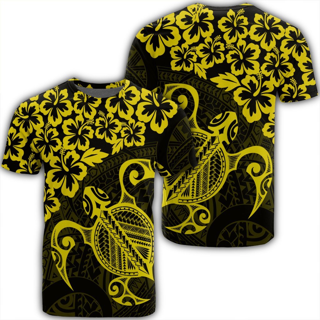 Hawaiian Map Turtle Hibiscus Kanaka Polynesian T Shirt Yellow Unisex Black - Polynesian Pride