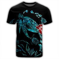 Hawaiian Map Turtle Hibiscus Ohana Honu Paua Shell T Shirt - Polynesian Pride