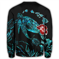 Hawaiian Map Turtle Hibiscus Ohana Honu Paua Shell Sweatshirt - AH - Polynesian Pride