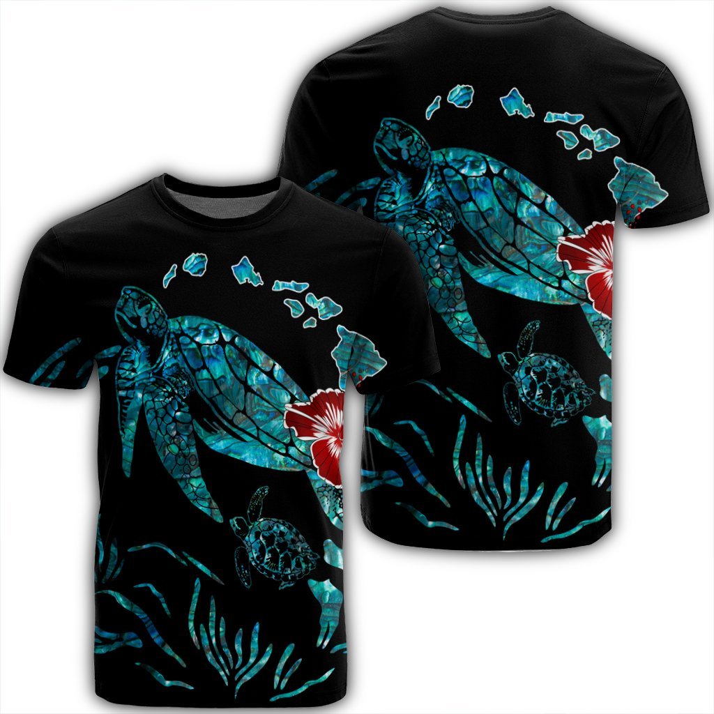 Hawaiian Map Turtle Hibiscus Ohana Honu Paua Shell T Shirt Unisex Black - Polynesian Pride