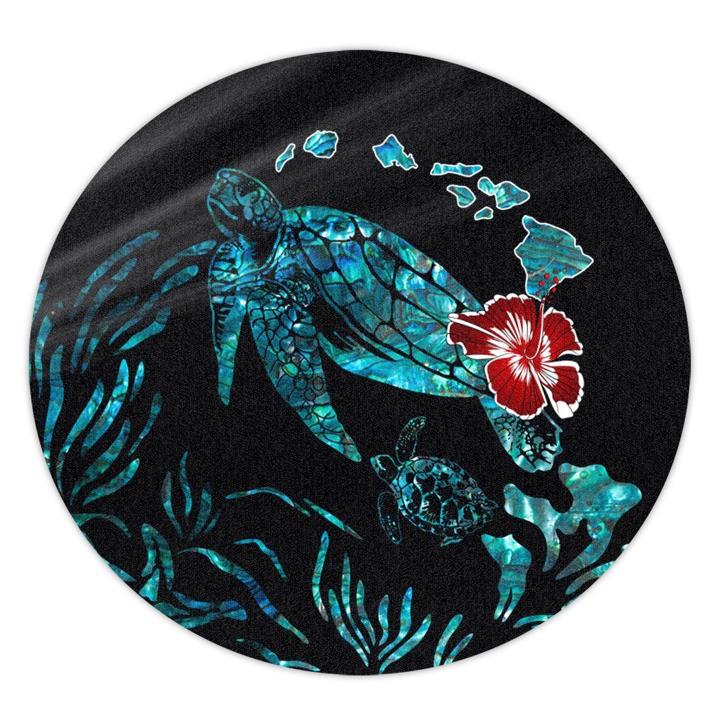 Hawaiian Map Turtle Hibiscus Ohana Honu Paua Shell Round Carpet - AH Round Carpet Luxurious Plush - Polynesian Pride