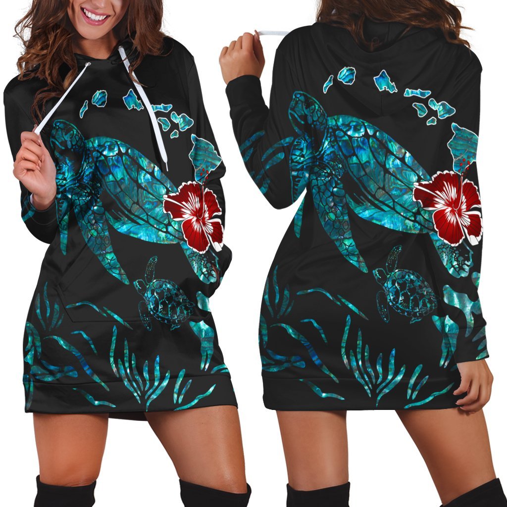 Hawaiian Map Turtle Hibiscus Ohana Honu Paua Shell Hoodie Dress - AH Black - Polynesian Pride