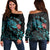 Hawaiian Map Turtle Hibiscus Ohana Honu Paua Shell Women's Off Shoulder Sweater - AH Black - Polynesian Pride