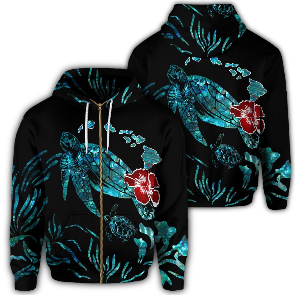 Hawaiian Map Turtle Hibiscus Ohana Honu Paua Shell Zip Hoodie Unisex Art - Polynesian Pride