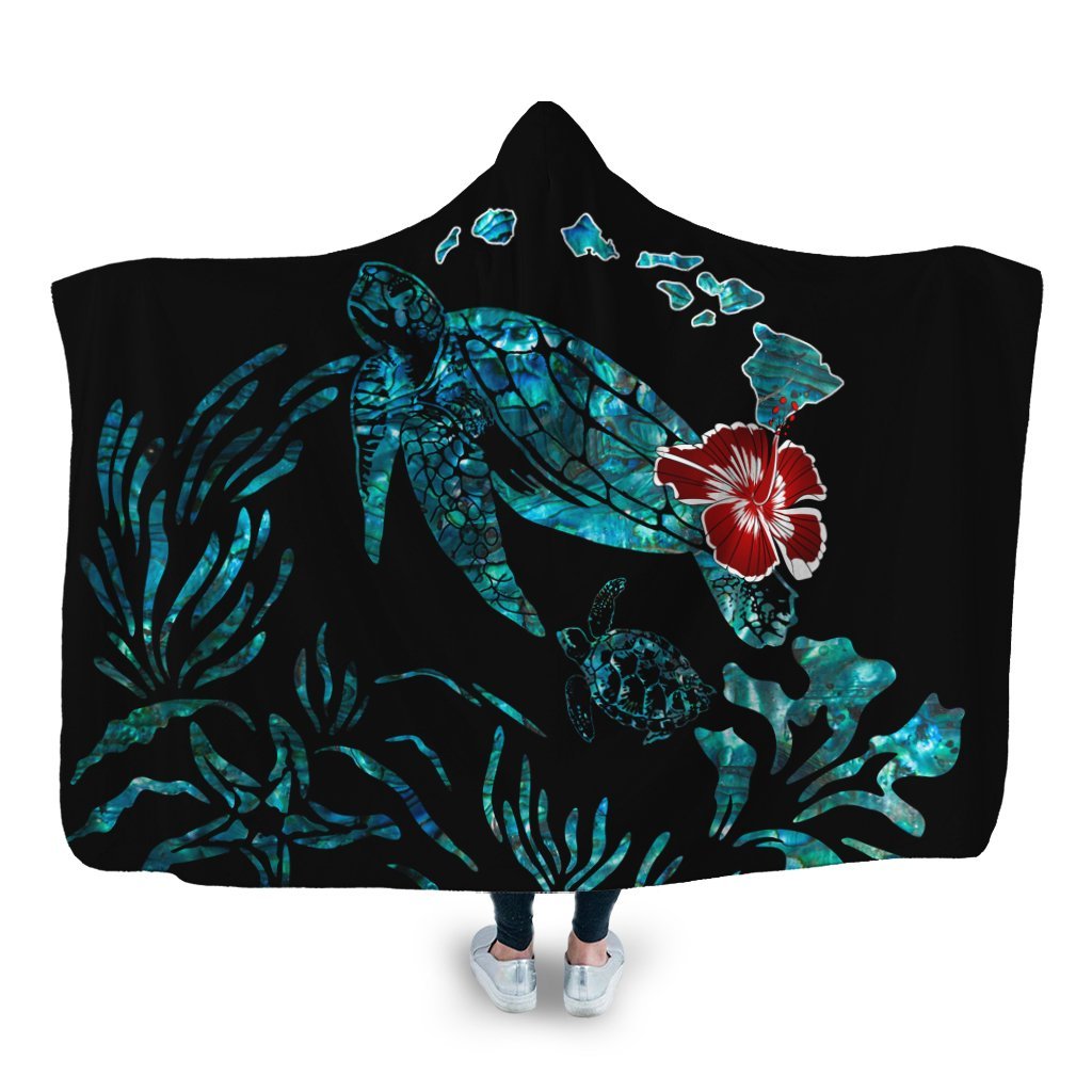 Hawaiian Map Turtle Hibiscus Ohana Honu Paua Shell Hooded Blanket - AH Hooded Blanket White - Polynesian Pride