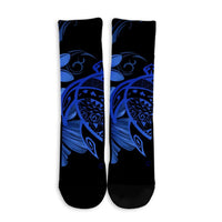 Hawaiian Map Turtle Hibiscus Plumeria Polynesian Crew Socks - Blue - AH - Polynesian Pride