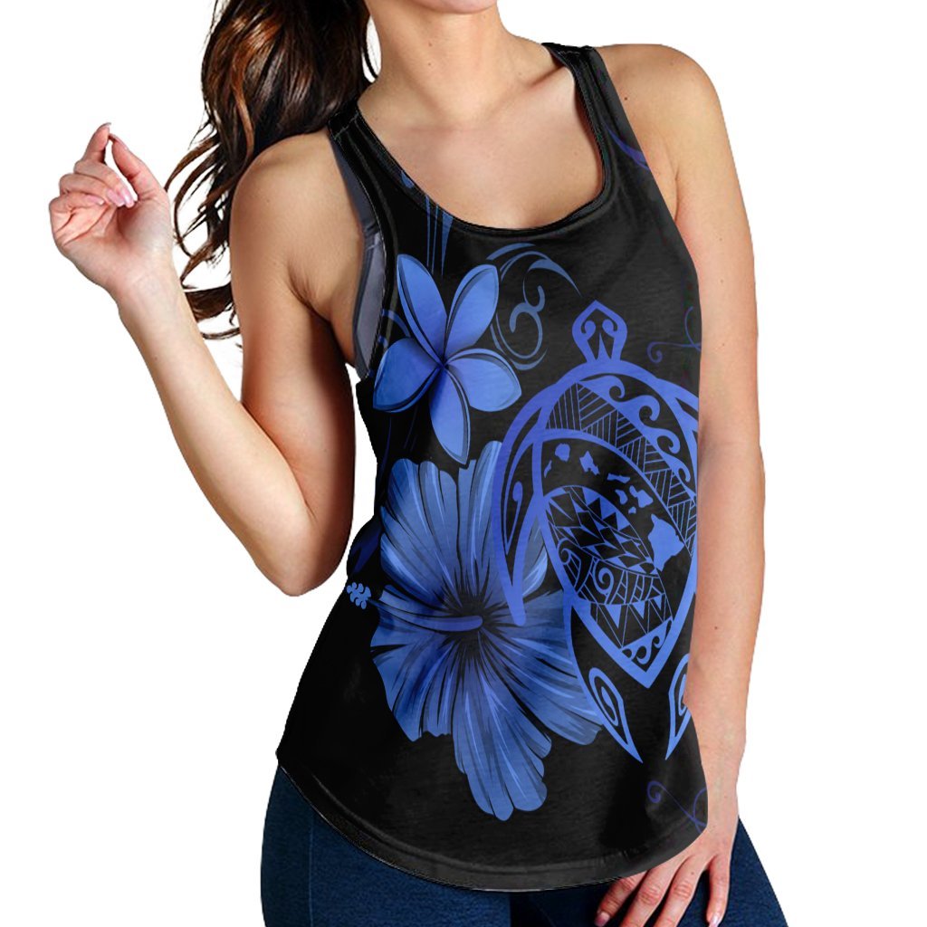 Hawaiian Map Turtle Hibiscus Plumeria Polynesian Racerback Tank - Blue - AH - Polynesian Pride