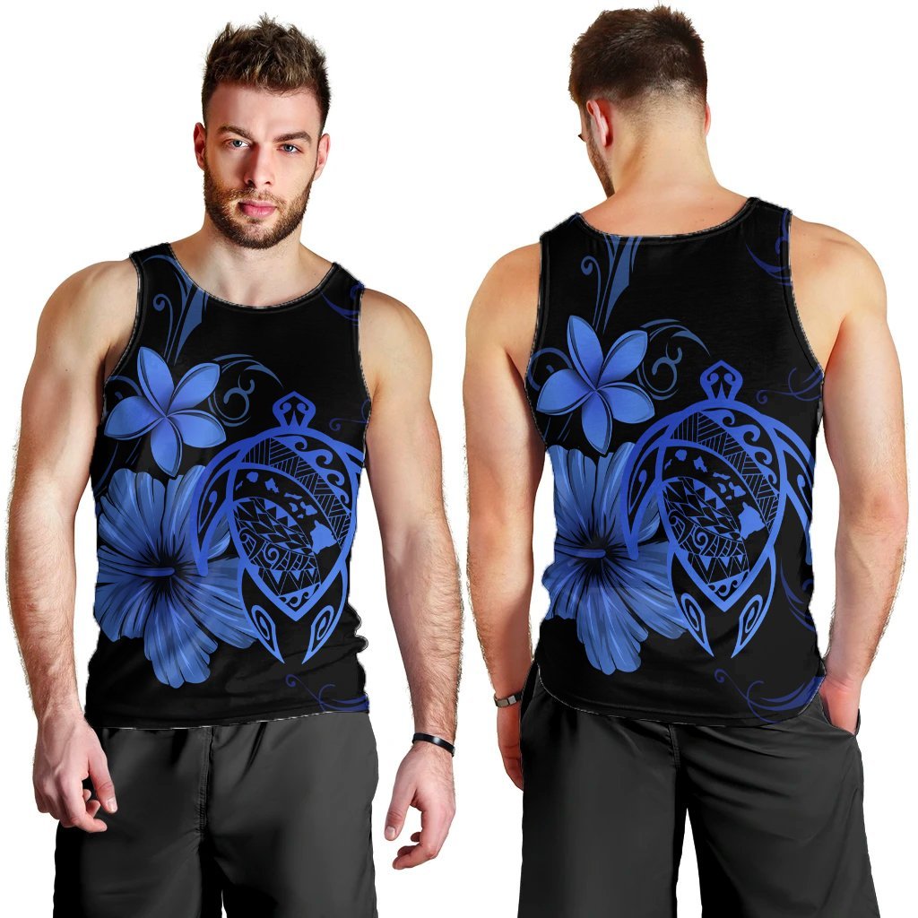 Hawaiian Map Turtle Hibiscus Plumeria Polynesian Tank Top - Blue - AH - Polynesian Pride