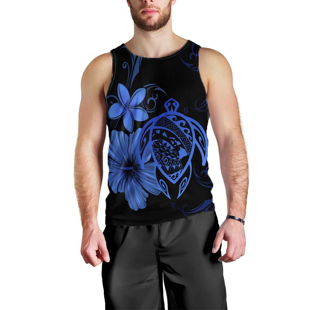Hawaiian Map Turtle Hibiscus Plumeria Polynesian Tank Top - Blue - AH Black - Polynesian Pride