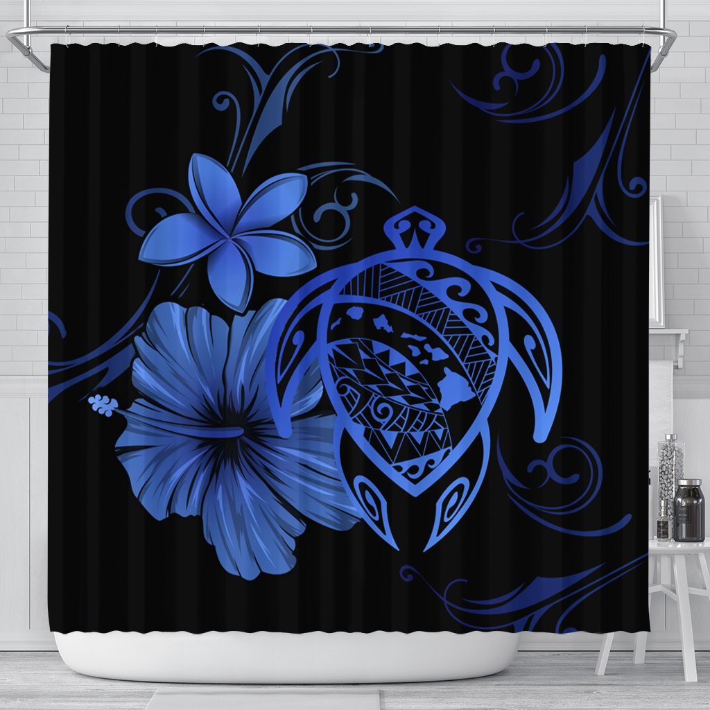 Hawaiian Map Turtle Hibiscus Plumeria Polynesian Shower Curtain - Blue - AH 177 x 172 (cm) Black - Polynesian Pride