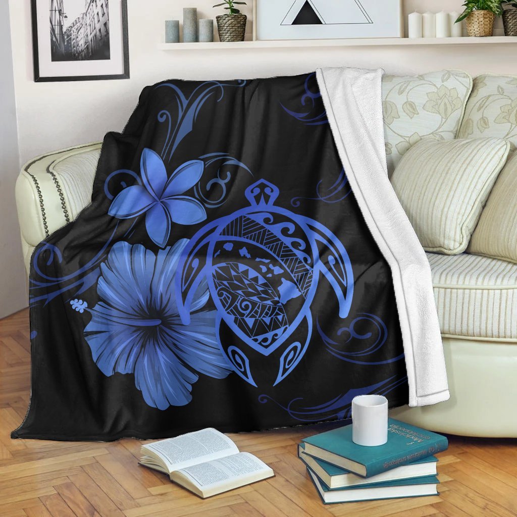 Hawaiian Map Turtle Hibiscus Plumeria Polynesian Premium Blankets - Blue - AH White - Polynesian Pride