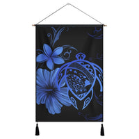 Hawaiian Map Turtle Hibiscus Plumeria Polynesian Hanging Poster - Blue - AH Hanging Poster Cotton And Linen - Polynesian Pride