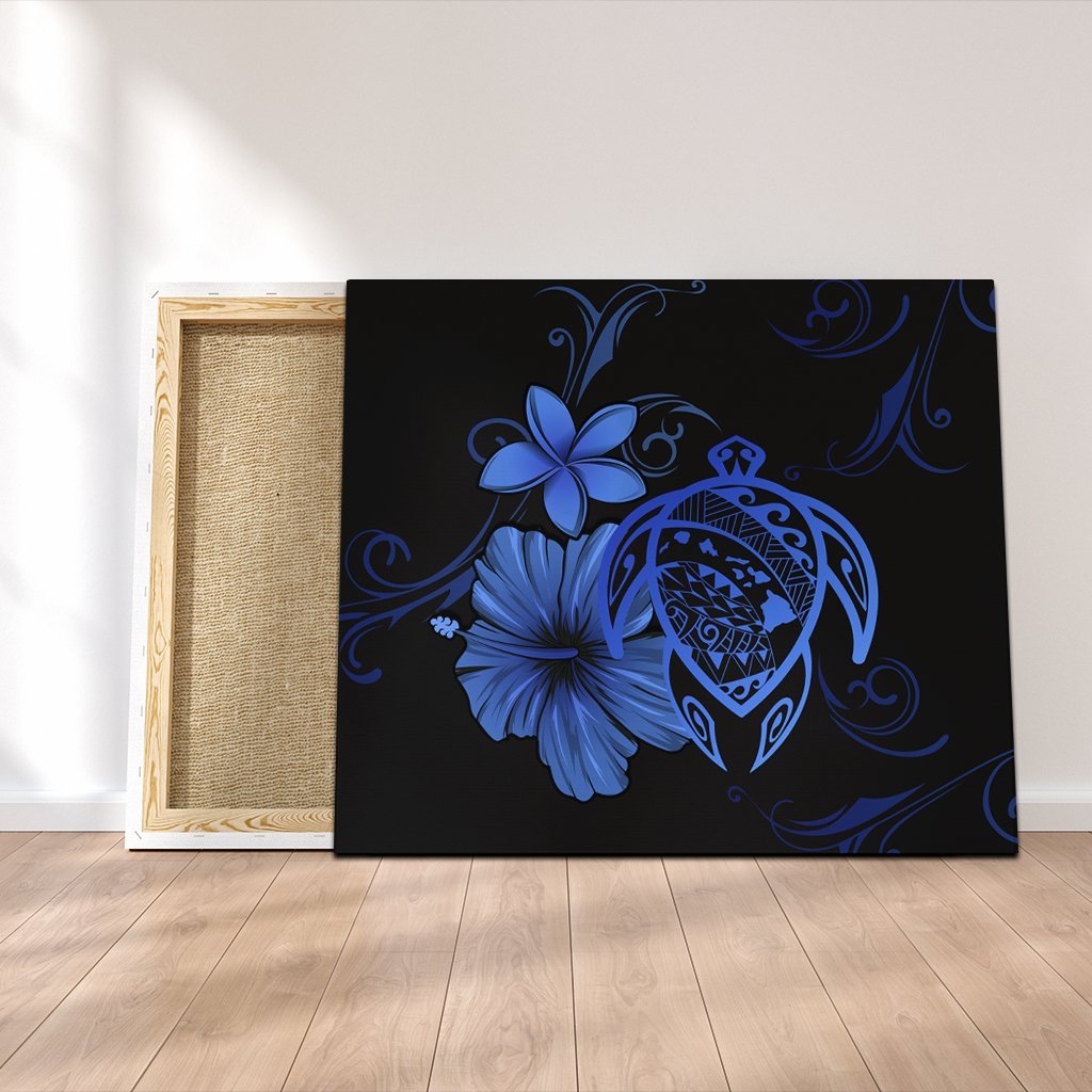 Hawaiian Map Turtle Hibiscus Plumeria Polynesian Canvas - Blue - AH Canvas Poly-cotton - Polynesian Pride