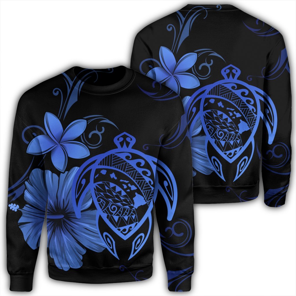 Hawaiian Map Turtle Hibiscus Plumeria Polynesian Sweatshirt - Blue - AH Unisex Black - Polynesian Pride