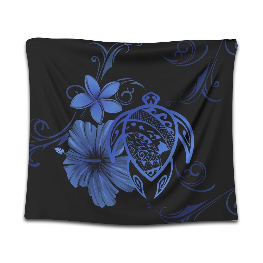 Hawaiian Map Turtle Hibiscus Plumeria Polynesian Tapestry - Blue - AH Wall Tapestry Black - Polynesian Pride