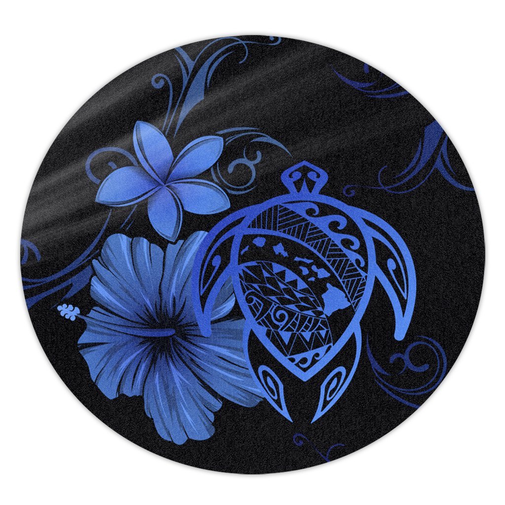 Hawaiian Map Turtle Hibiscus Plumeria Polynesian Round Carpet - Blue - AH Round Carpet Luxurious Plush - Polynesian Pride