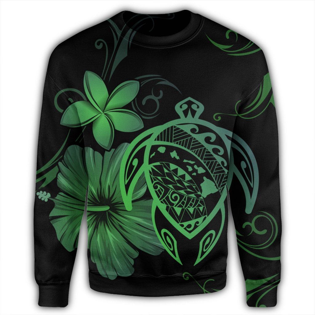 Hawaiian Map Turtle Hibiscus Plumeria Polynesian Sweatshirt - Green - AH - Polynesian Pride