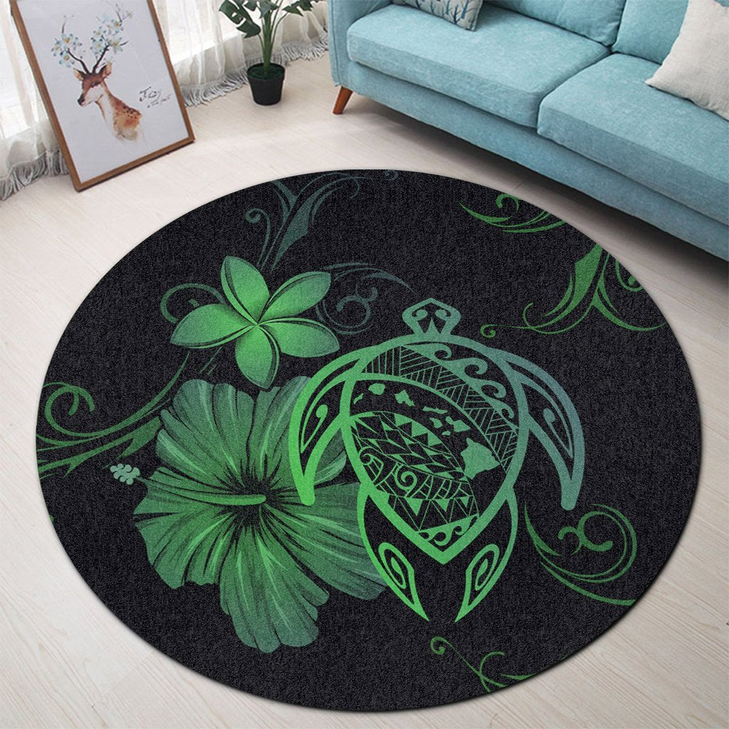 Hawaiian Map Turtle Hibiscus Plumeria Polynesian Round Carpet - Green - AH - Polynesian Pride