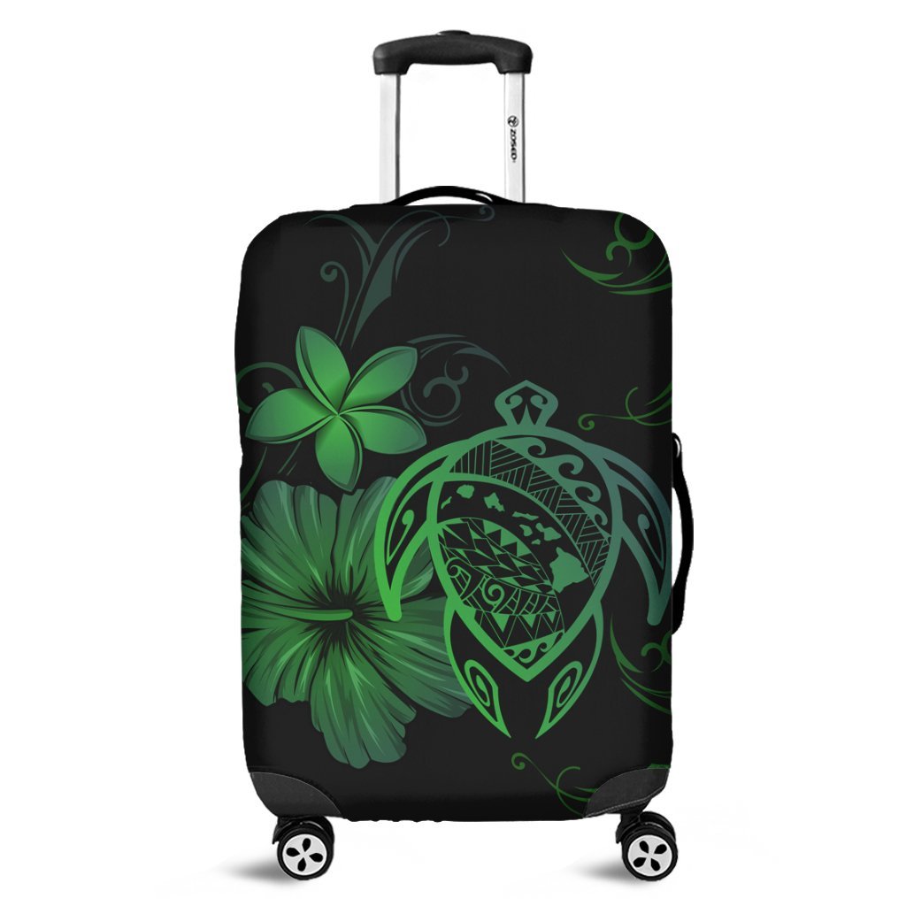 Hawaiian Map Turtle Hibiscus Plumeria Polynesian Luggage Covers - Green - AH Black - Polynesian Pride