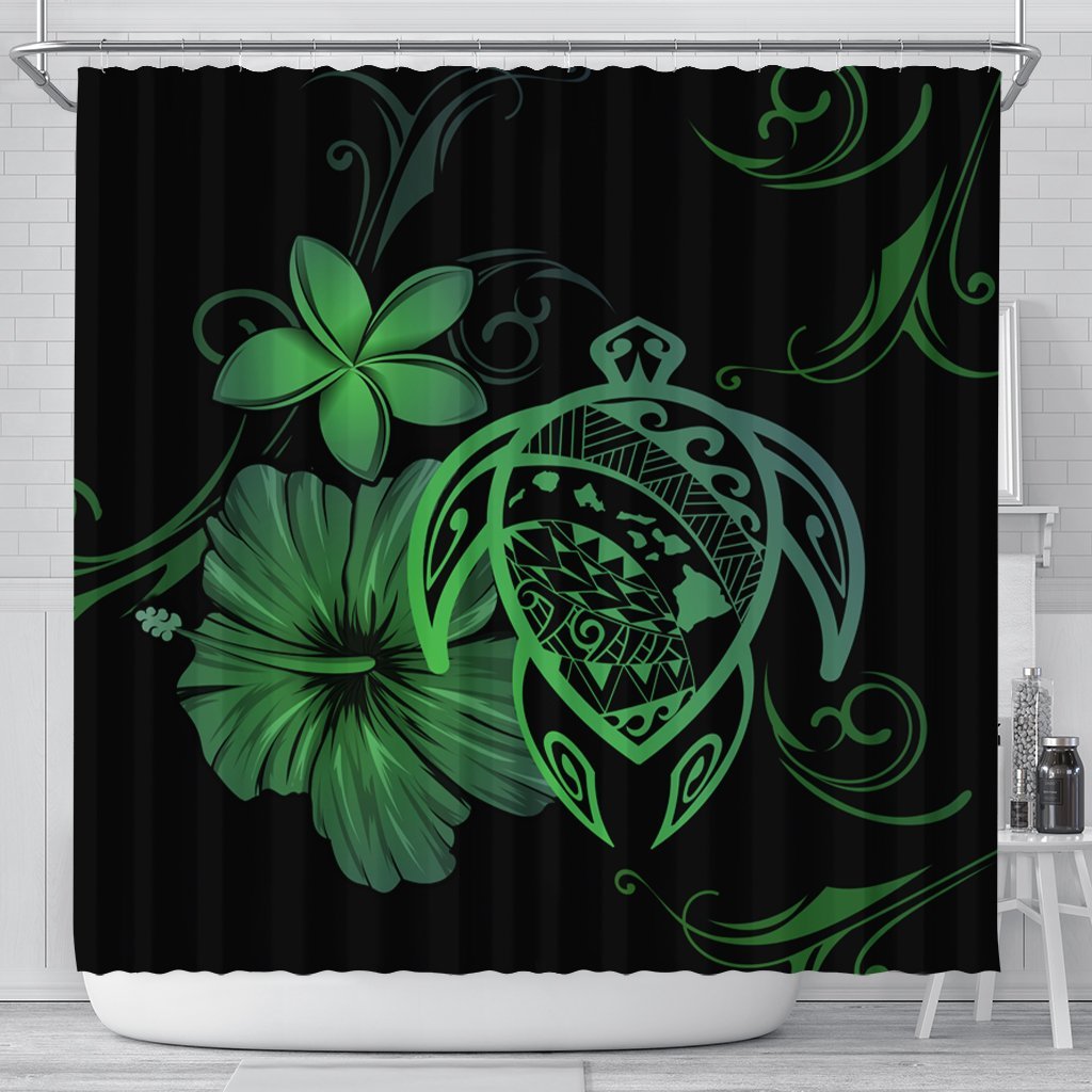 Hawaiian Map Turtle Hibiscus Plumeria Polynesian Shower Curtain - Green - AH One Style 177 x 172 (cm) Black - Polynesian Pride