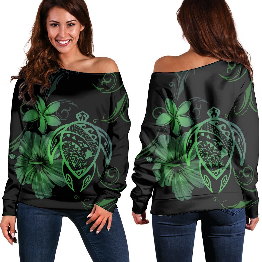 Hawaiian Map Turtle Hibiscus Plumeria Polynesian Women's Off Shoulder Sweater - Green - AH Black - Polynesian Pride