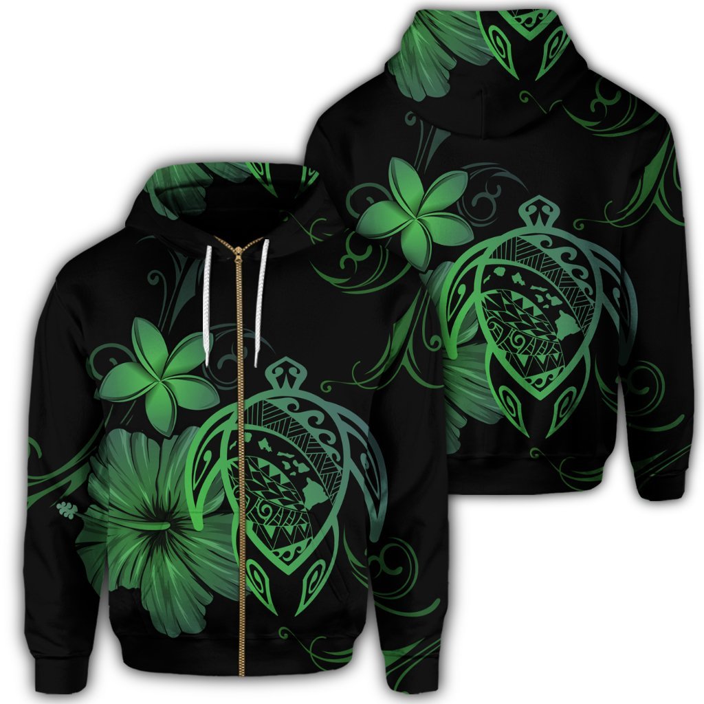 Hawaiian Map Turtle Hibiscus Plumeria Polynesian Zip Hoodie Green Unisex Art - Polynesian Pride