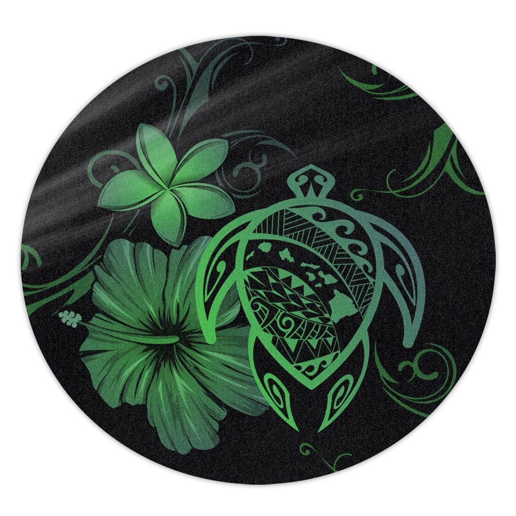 Hawaiian Map Turtle Hibiscus Plumeria Polynesian Round Carpet - Green - AH Round Carpet Luxurious Plush - Polynesian Pride