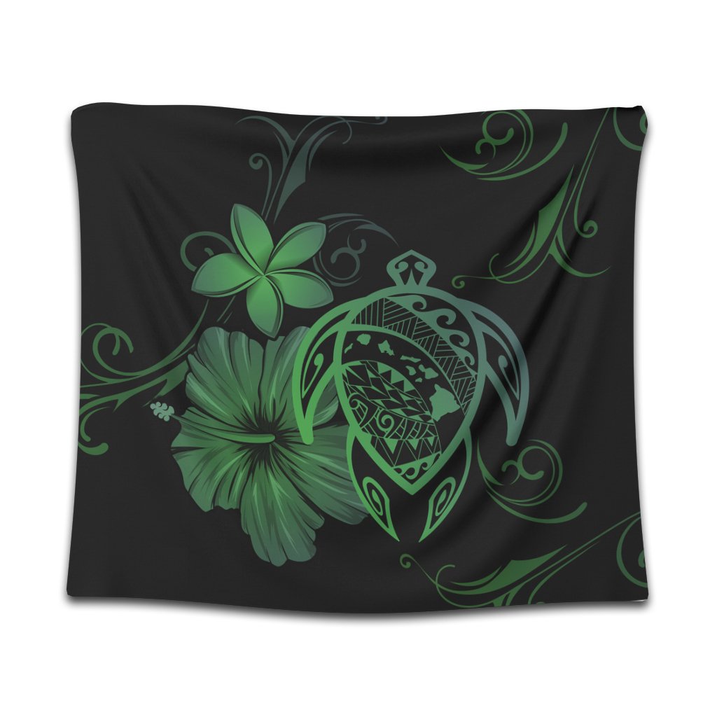 Hawaiian Map Turtle Hibiscus Plumeria Polynesian Tapestry - Green - AH Wall Tapestry Black - Polynesian Pride