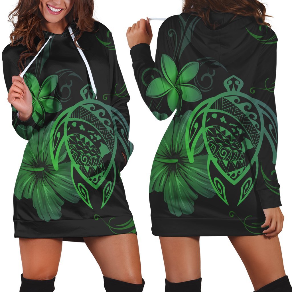 Hawaiian Map Turtle Hibiscus Plumeria Polynesian Hoodie Dress - Green - AH Black - Polynesian Pride