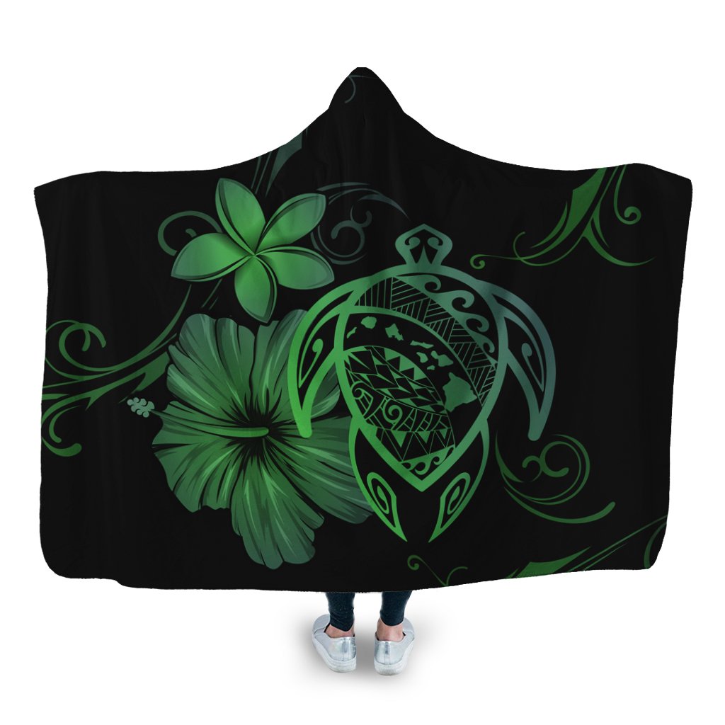 Hawaiian Map Turtle Hibiscus Plumeria Polynesian Hooded Blanket - Green - AH Hooded Blanket White - Polynesian Pride