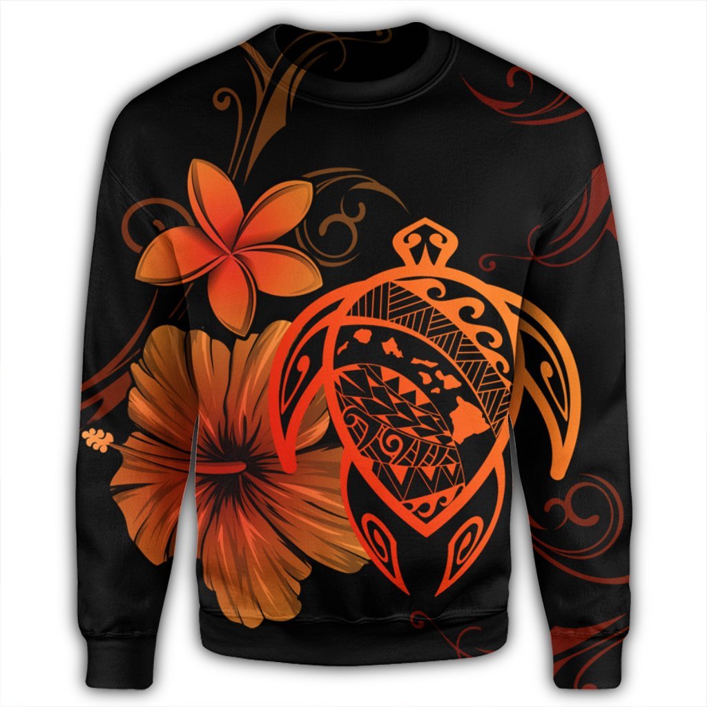 Hawaiian Map Turtle Hibiscus Plumeria Polynesian Sweatshirt - Orange - AH - Polynesian Pride