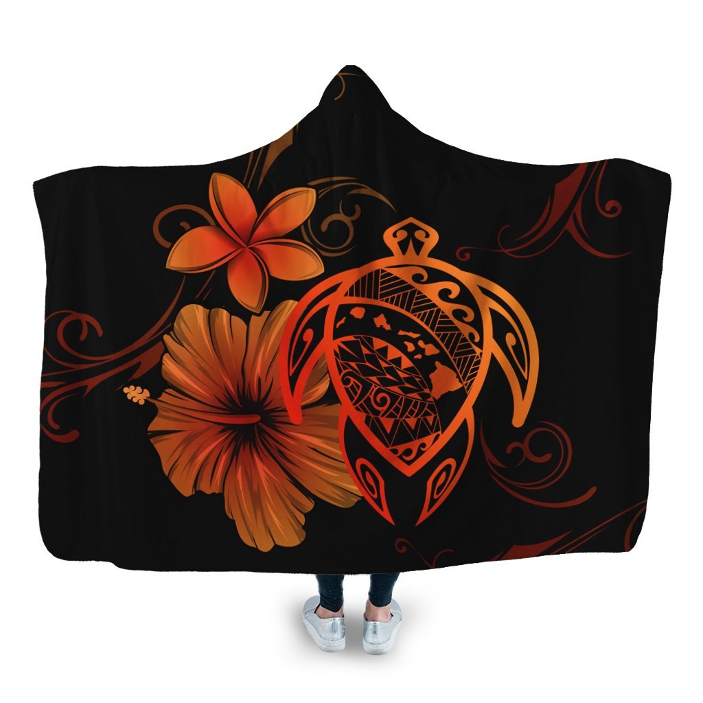 Hawaiian Map Turtle Hibiscus Plumeria Polynesian Hooded Blanket - Orange - AH Hooded Blanket White - Polynesian Pride