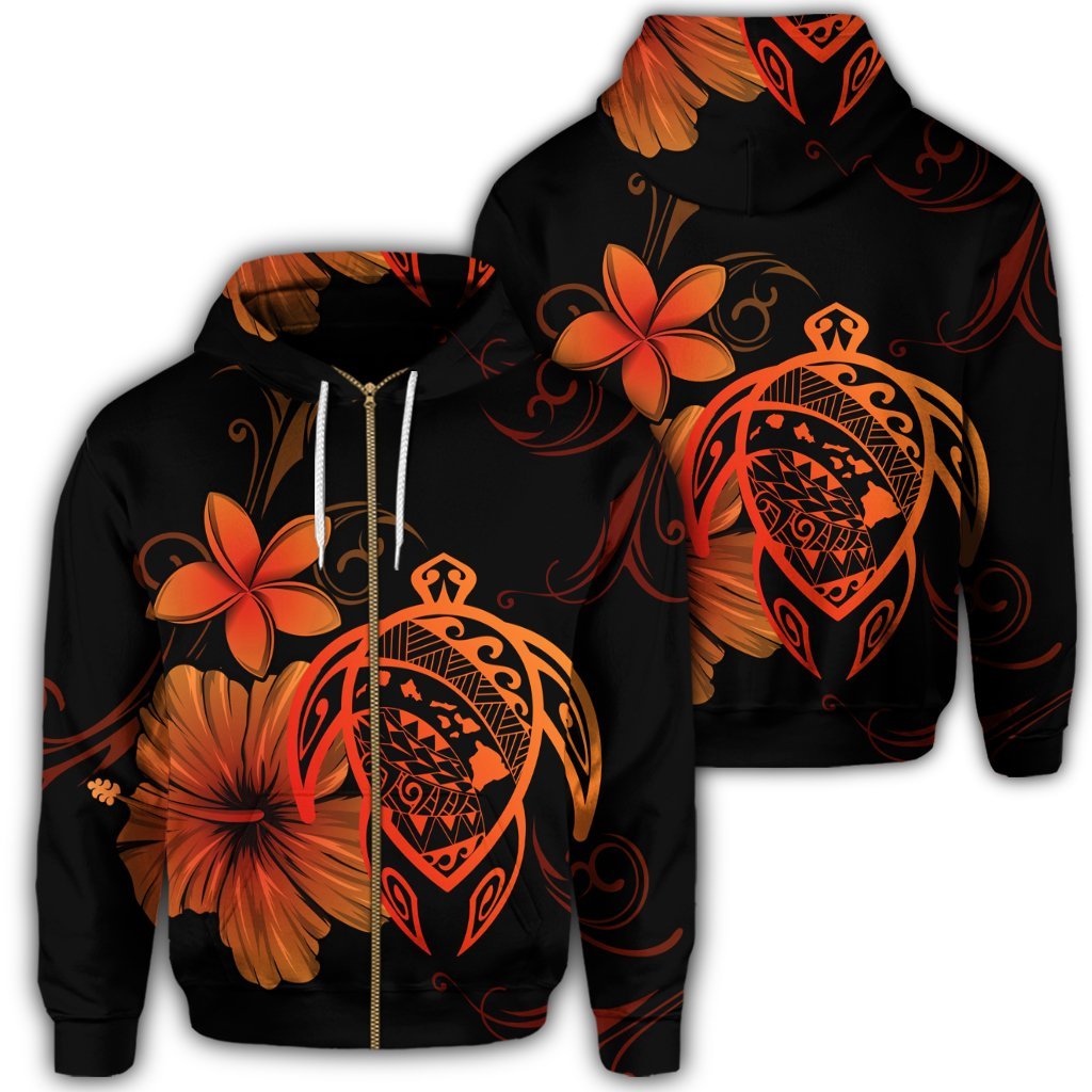 Hawaiian Map Turtle Hibiscus Plumeria Polynesian Zip Hoodie Orange Unisex Art - Polynesian Pride