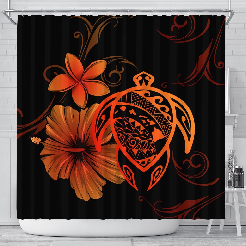 Hawaiian Map Turtle Hibiscus Plumeria Polynesian Shower Curtain - Orange - AH 177 x 172 (cm) Black - Polynesian Pride