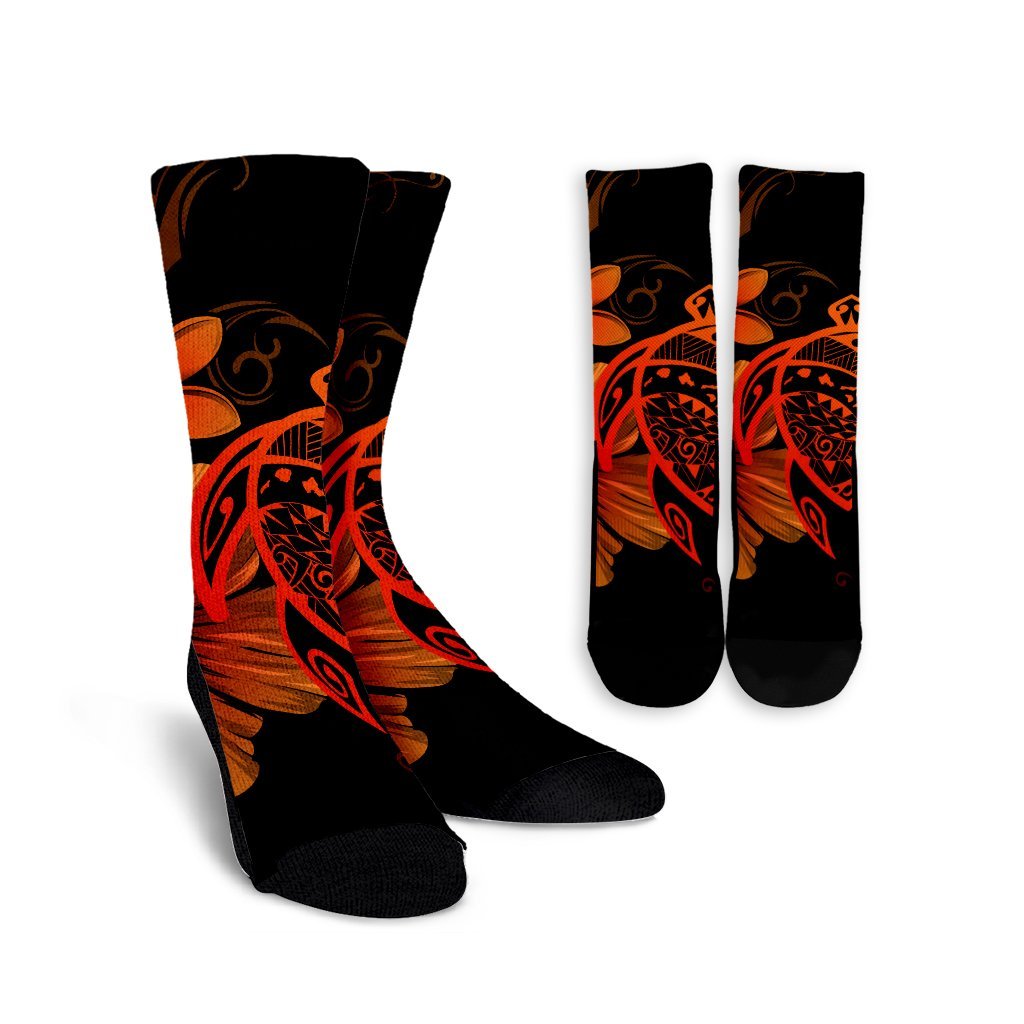 Hawaiian Map Turtle Hibiscus Plumeria Polynesian Crew Socks - Orange - AH Crew Socks White - Polynesian Pride