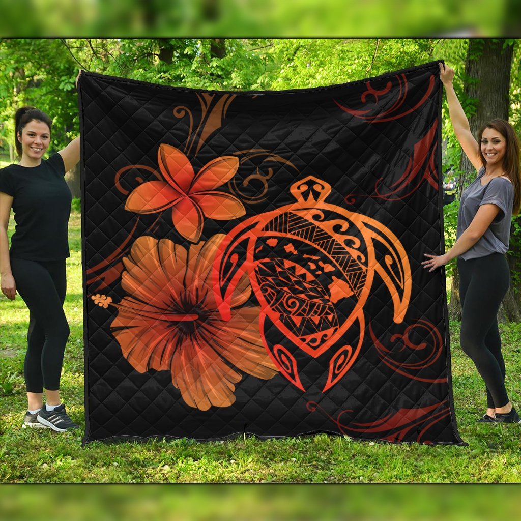 Hawaiian Map Turtle Hibiscus Plumeria Polynesian Premium Quilts - Orange - AH Black - Polynesian Pride