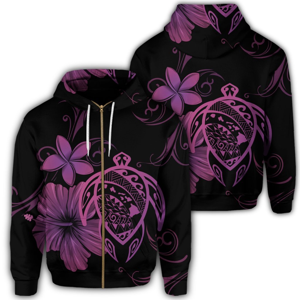 Hawaiian Map Turtle Hibiscus Plumeria Polynesian Zip Hoodie Pink Unisex Art - Polynesian Pride