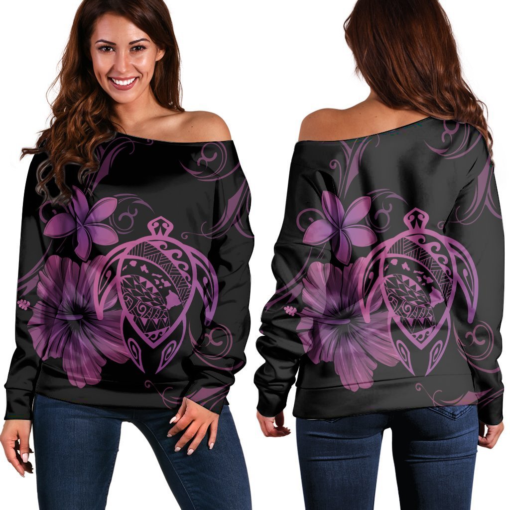 Hawaiian Map Turtle Hibiscus Plumeria Polynesian Women's Off Shoulder Sweater - Pink - AH Black - Polynesian Pride