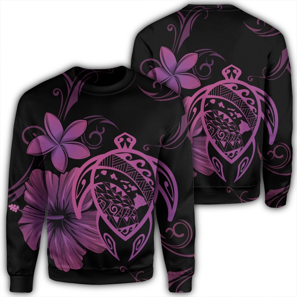 Hawaiian Map Turtle Hibiscus Plumeria Polynesian Sweatshirt - Pink - AH Unisex Black - Polynesian Pride