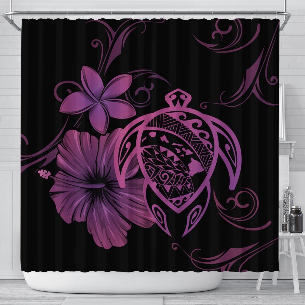 Hawaiian Map Turtle Hibiscus Plumeria Polynesian Shower Curtain - Pink - AH 177 x 172 (cm) Black - Polynesian Pride