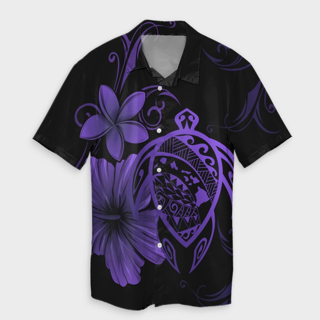 Hawaiian Map Turtle Hibiscus Plumeria Polynesian Hawaiian Shirt - Purple - AH Unisex Black - Polynesian Pride