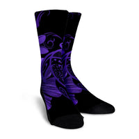 Hawaiian Map Turtle Hibiscus Plumeria Polynesian Crew Socks - Purple - AH - Polynesian Pride