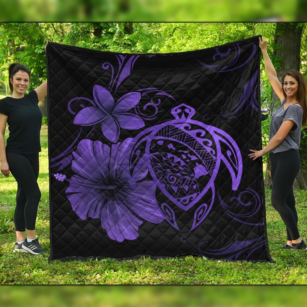 Hawaiian Map Turtle Hibiscus Plumeria Polynesian Premium Quilts - Purple - AH Black - Polynesian Pride