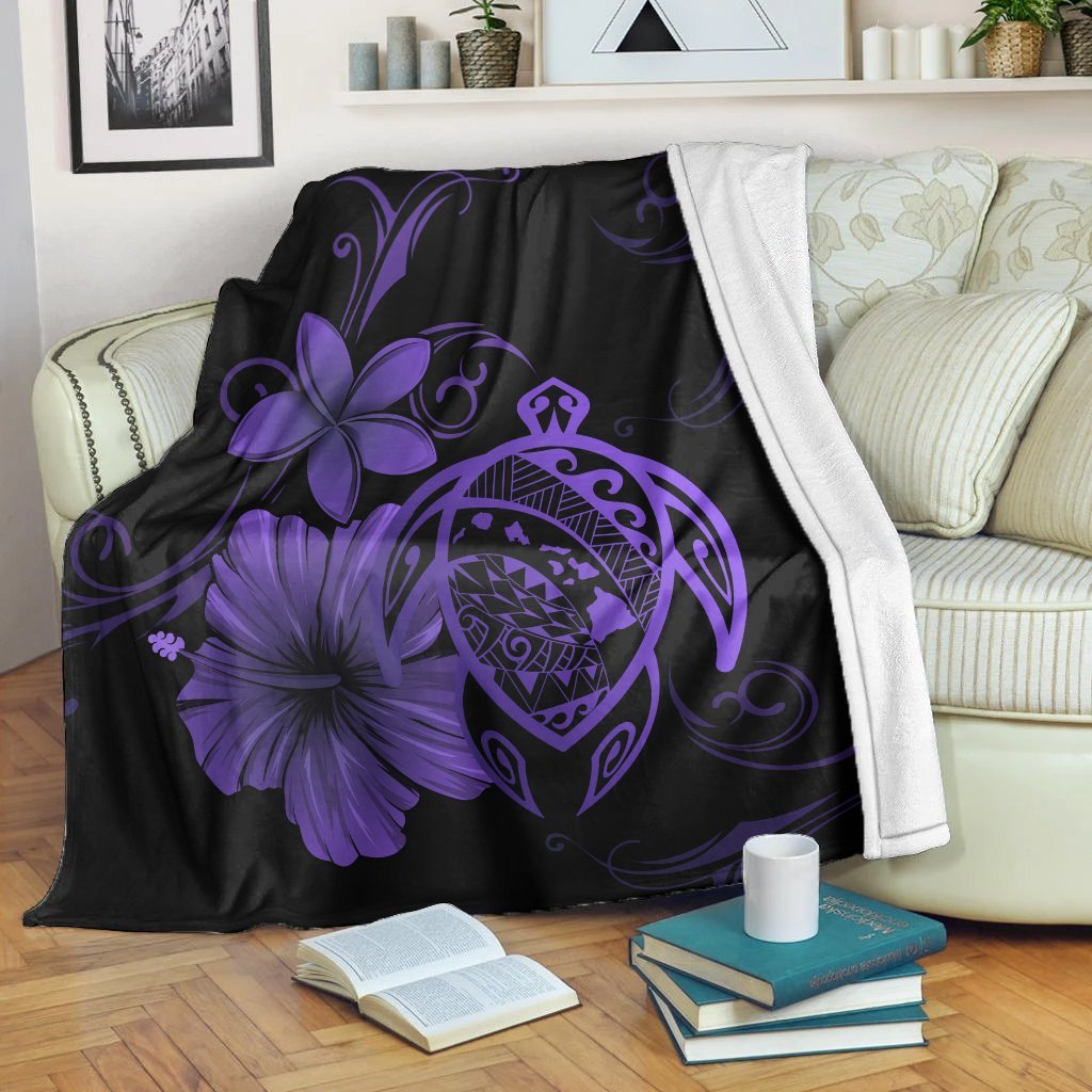 Hawaiian Map Turtle Hibiscus Plumeria Polynesian Premium Blankets - Purple - AH White - Polynesian Pride