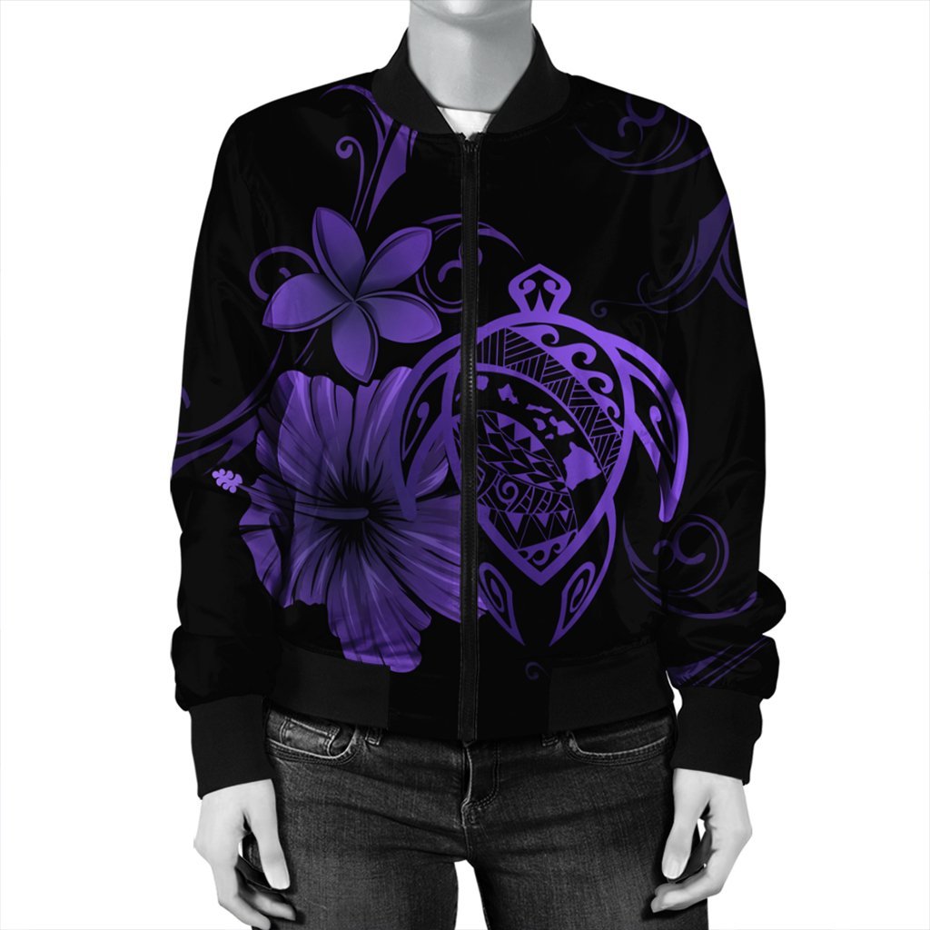 Hawaiian Map Turtle Hibiscus Plumeria Polynesian Bomber Jacket - Purple - AH - Polynesian Pride