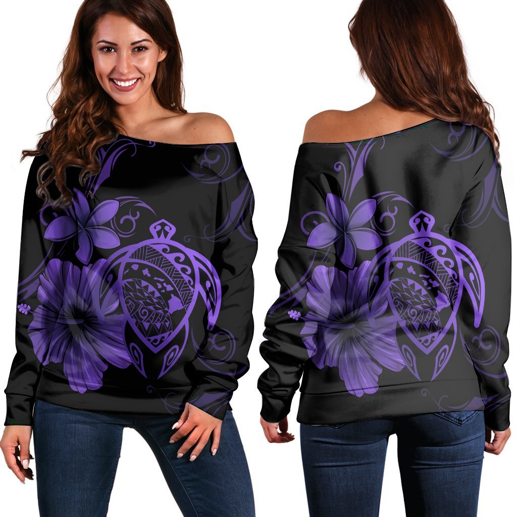 Hawaiian Map Turtle Hibiscus Plumeria Polynesian Women's Off Shoulder Sweater - Purple - AH Black - Polynesian Pride