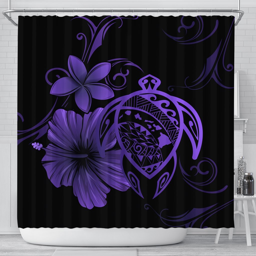 Hawaiian Map Turtle Hibiscus Plumeria Polynesian Shower Curtain - Purple - AH 177 x 172 (cm) Black - Polynesian Pride