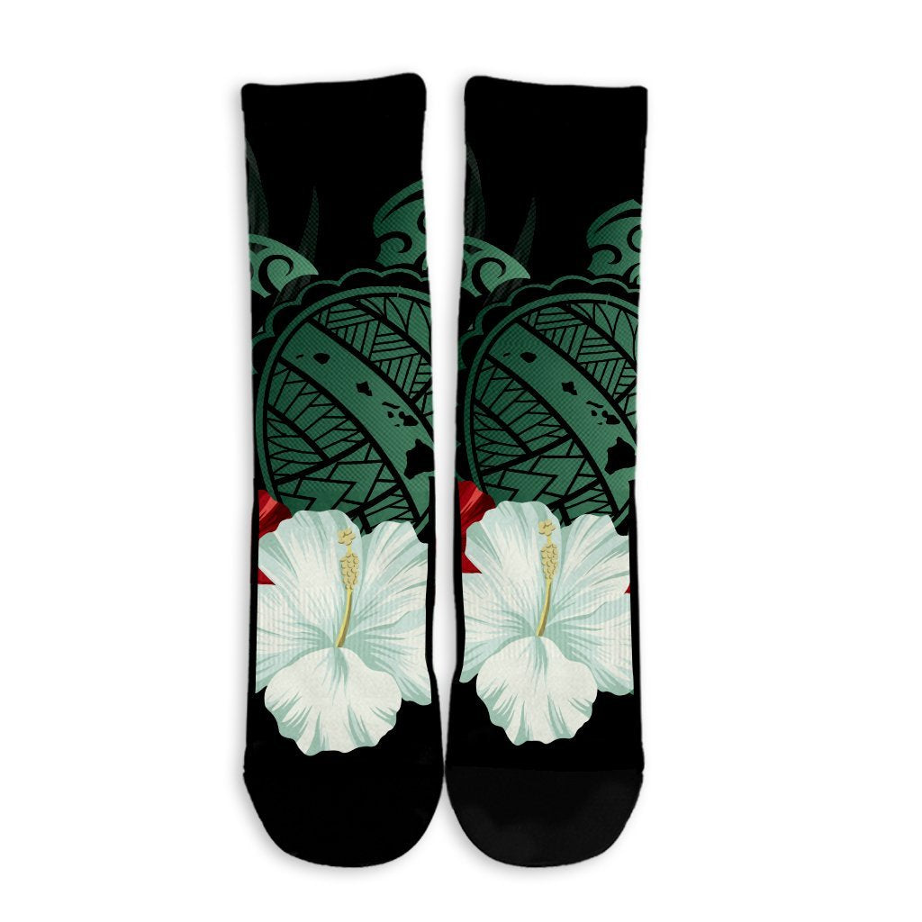 Hawaiian Map Turtle Hibiscus Polynesian Crew Socks - AH - Polynesian Pride
